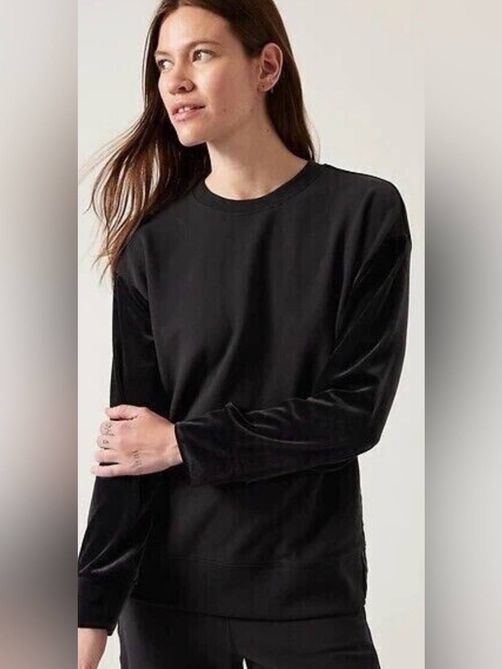 Athleta Black Retroplush Velvet Long-Sleeve Crewneck Top Size XS